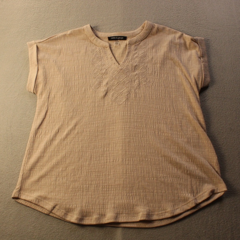 Cable & Gauge Womens Beige Textured Knit Top S Cap Sleeve Lightweight Casual Blo